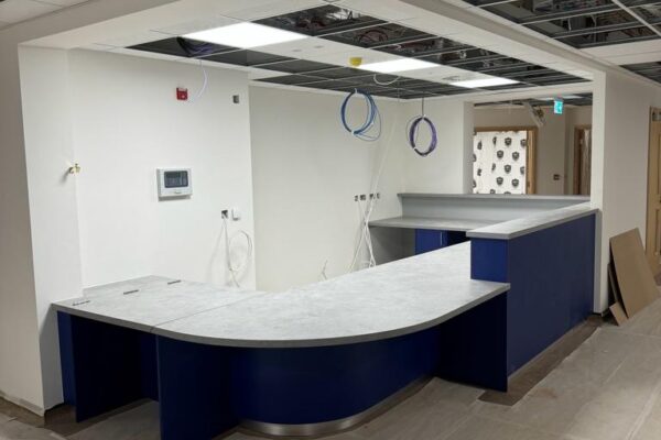 Bespoke reception counters and nurse base desks manufactured and installed into new state of the art hospital in the Forest of Dean