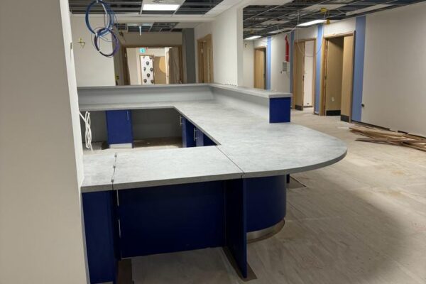 Bespoke reception counters and nurse base desks manufactured and installed into new state of the art hospital in the Forest of Dean