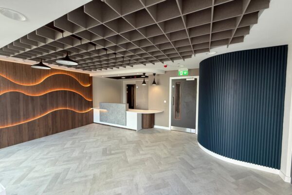 Bespoke Office Reception with Custom Built Reception Desk & Feature Walls for Safran Landing Systems